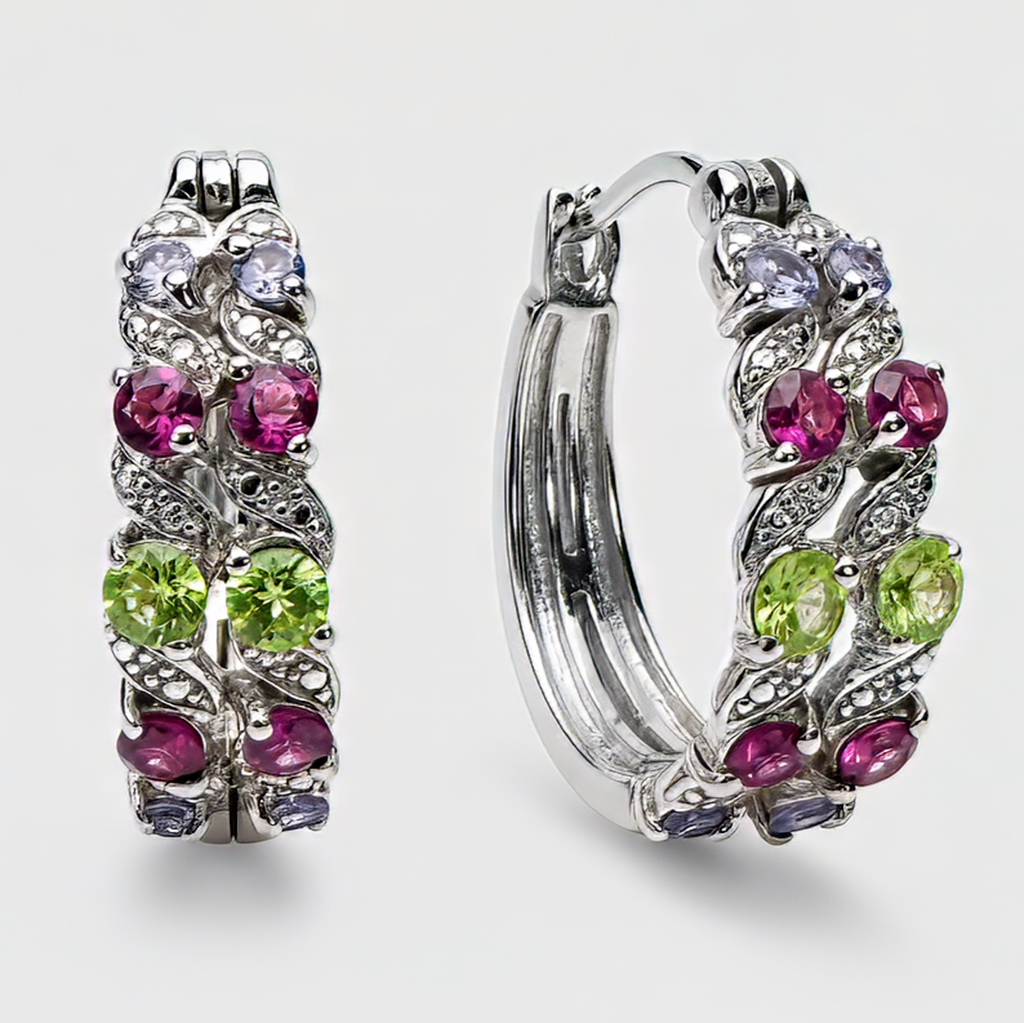 Хризоліт, родоліт і танзаніт срібні сережки, 0397СХ, фото 1