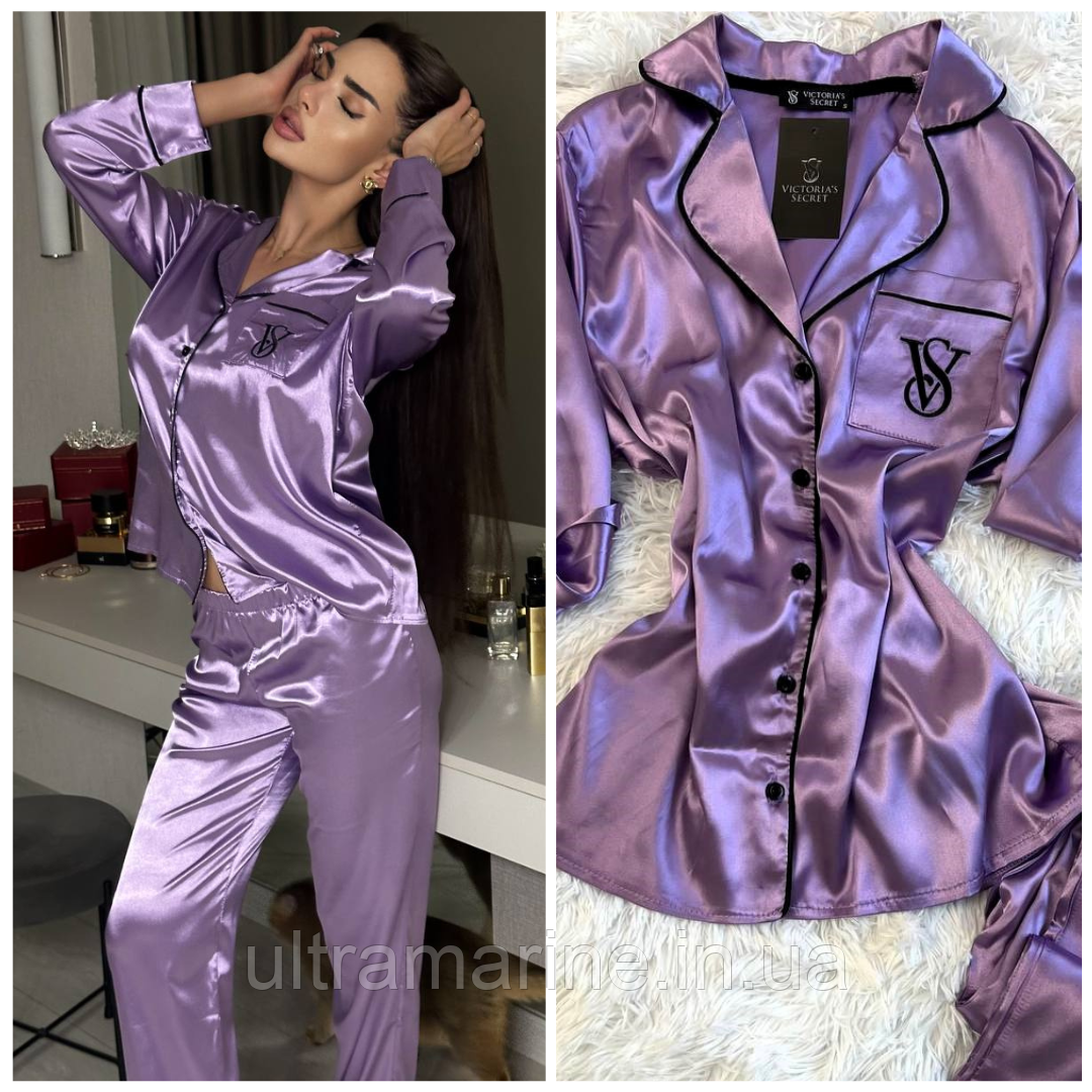 Шовкова ночна піжама Victoria's Secret з рубашкою лілова Вікторія Сікрет, фото 1