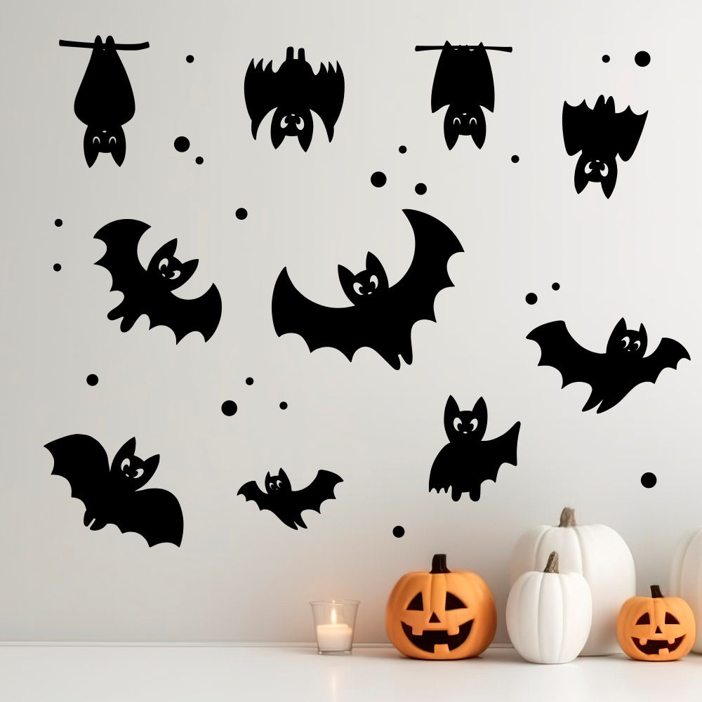 Наклейки на стіну Хелловін Веселі кажани 10 шт. декор стін вікон Happy Pocket Набір S чорний матовий