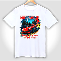 Футболка біла дитяча з новорічним принтом "Ferrari - Happy New Year of the Horse"