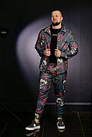 Синий мужской костюм-двойка с ярким принтом, модная рубашка и удобные штаны весна-лето