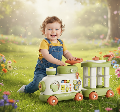 Музичний паровозик ходунки-каталка для малюків інтерактивна дитяча іграшка піаніно сортер пар звук світло