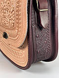 Авторська шкіряна сумка жіноча "Дубок" ручної роботи, сумка етнічна карпатська пудрово-бордова, фото 3