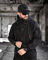 Демісезонна армійська куртка тактична чорна софтшел на флісі з кишенями та липучками fd915