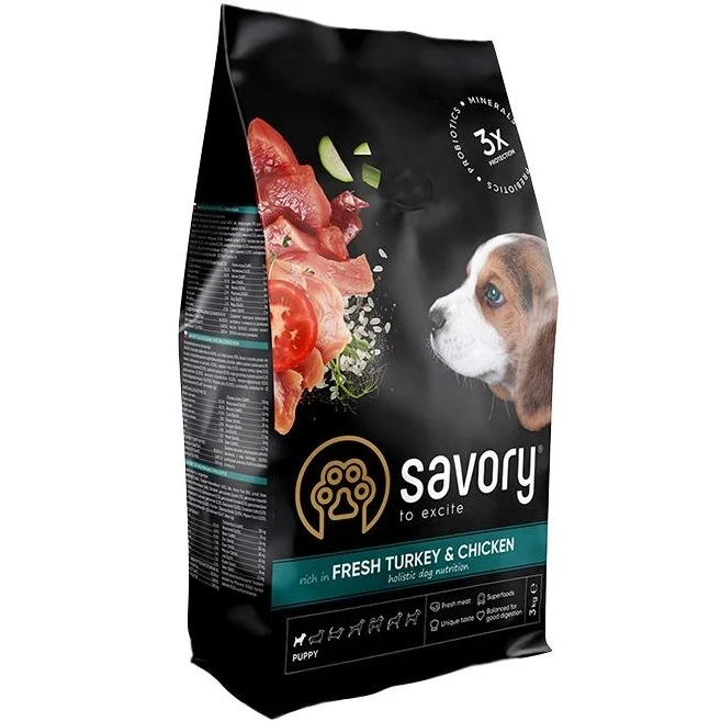 SAVORY Puppy Rich in Fresh Turkey and Chicken Сухий корм для цуценят усіх порід (з куркою та індичкою) 3 кг