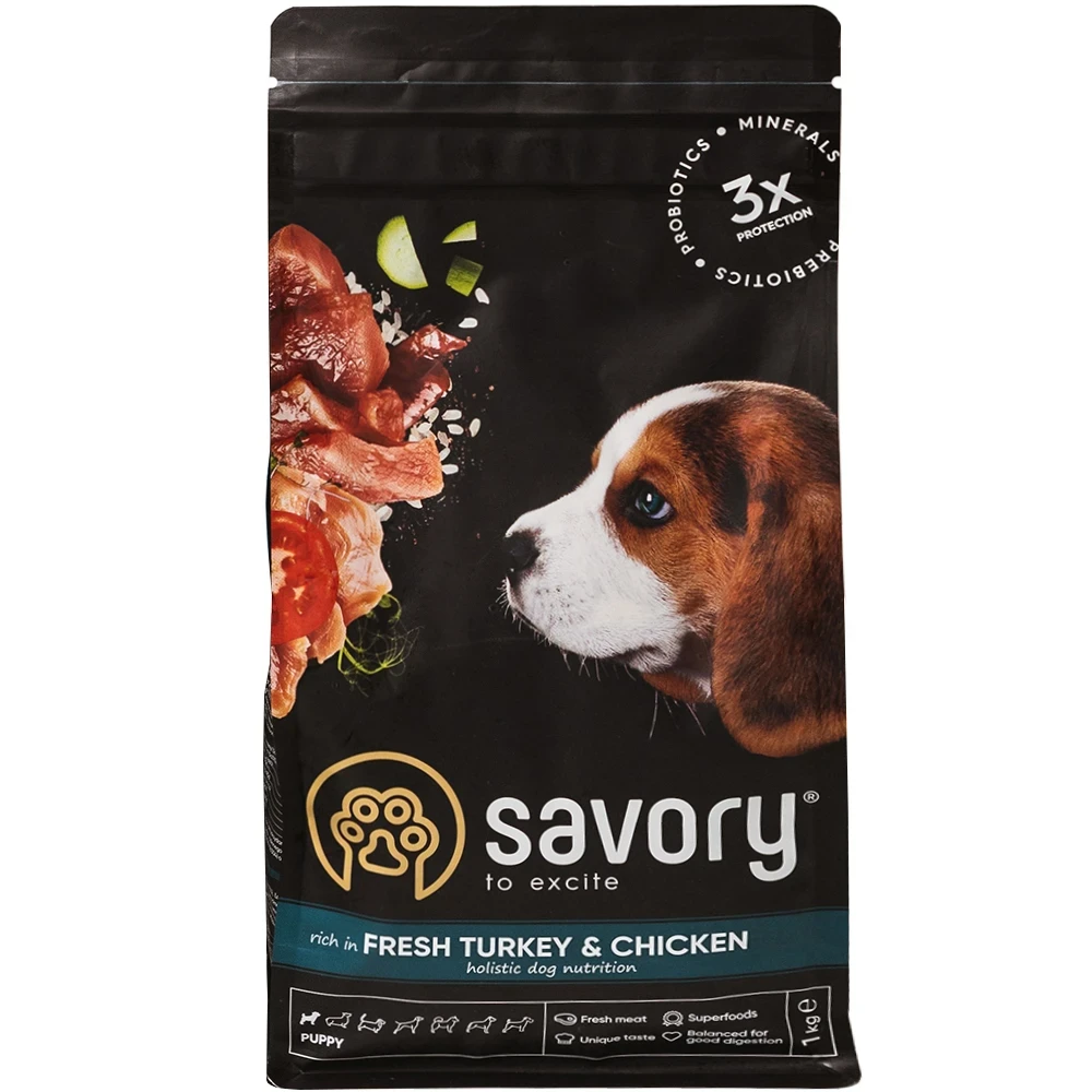 SAVORY Puppy Rich in Fresh Turkey and Chicken Сухий корм для цуценят усіх порід (з куркою та індичкою) 1 кг