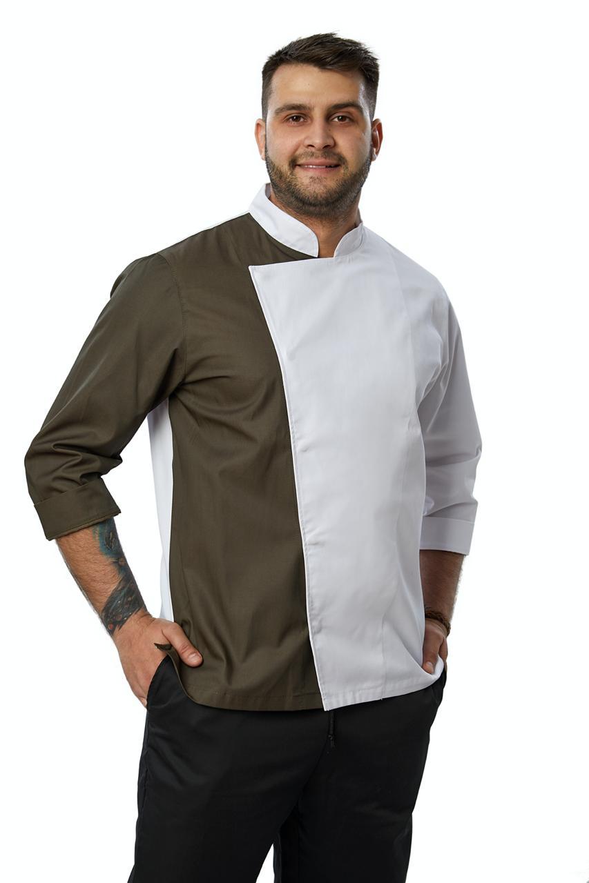 Китель Поварської Чоловічий Біло-Коричневий Контраст
