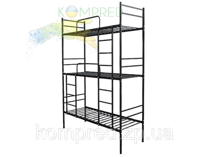 Ліжко металеве 3 ярусне армійське 2000х800х2500мм Чорне Kompred OL903/1 основа спального місця - мет. трубки, фото 1