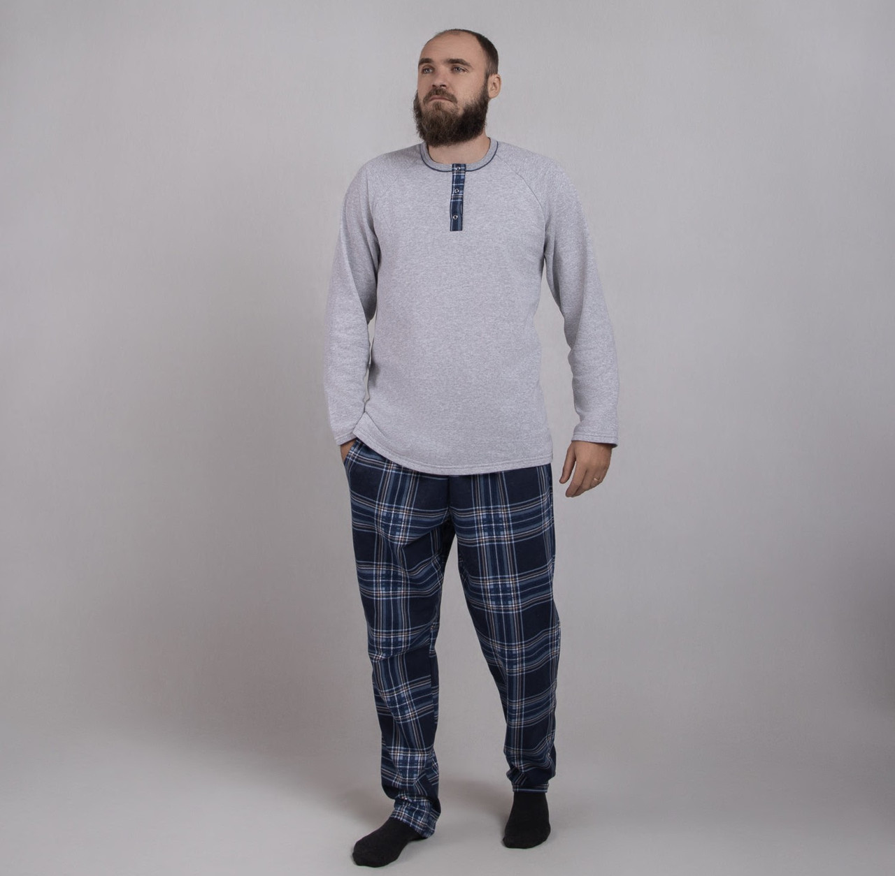 Піжама чоловіча для дому тепла клітинка начос великих розмірів сірий 48-62р.