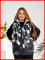 Жіночий стьобаний жилет утеплений демісезонний батал з капюшоном на блискавці подовжений чорний 48-58