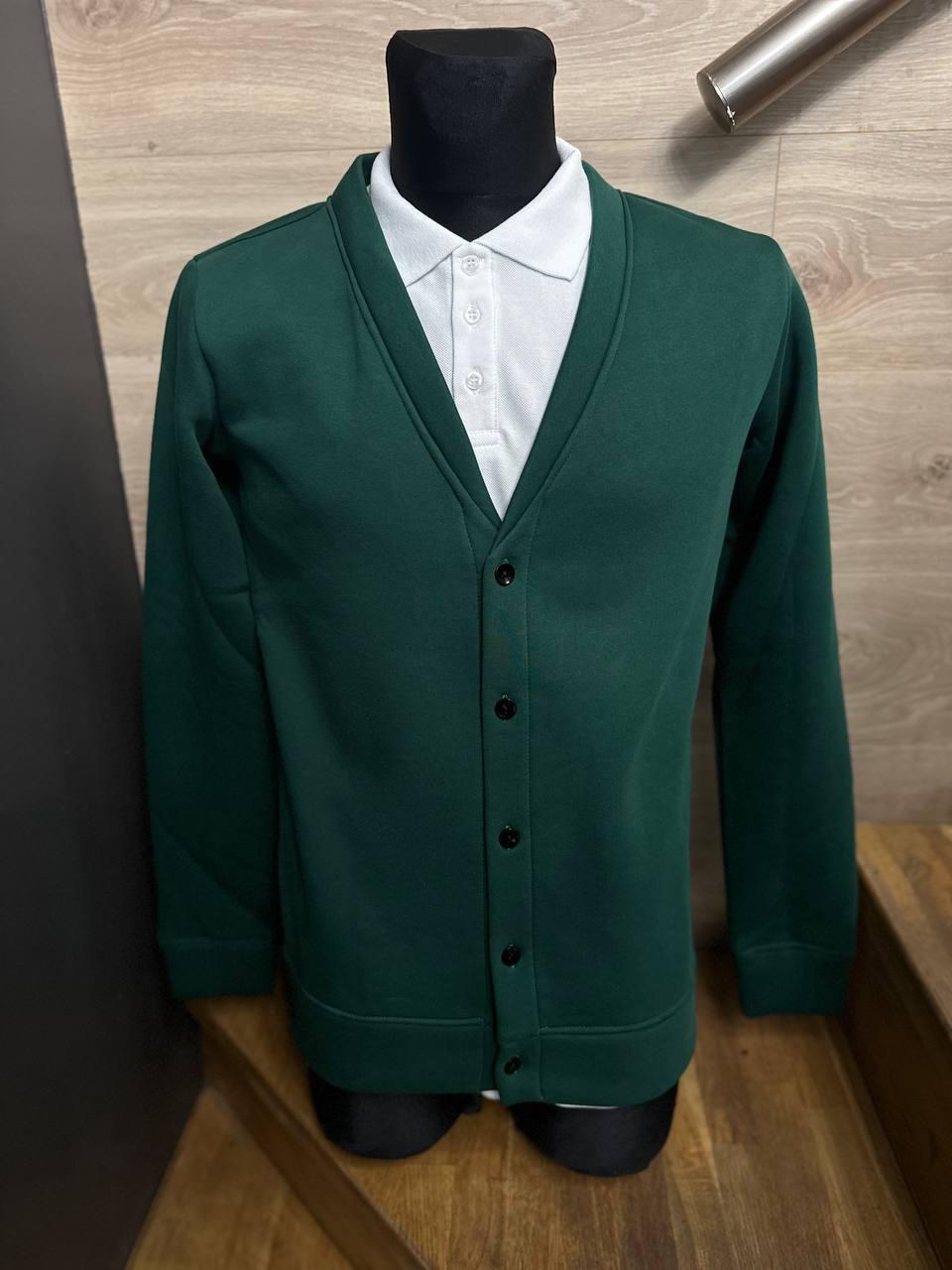 Чоловіча тепла кофта смарагдового кольору на ґудзиках для адміністраторів, офіціантів і барменів 46р.