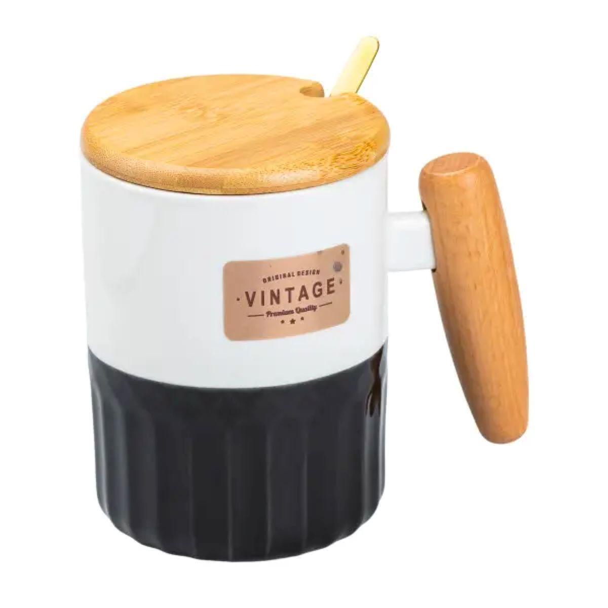 Чашка порцелянова з бамбуковою кришкою та ручкою 400 мл Чорна HP7204B