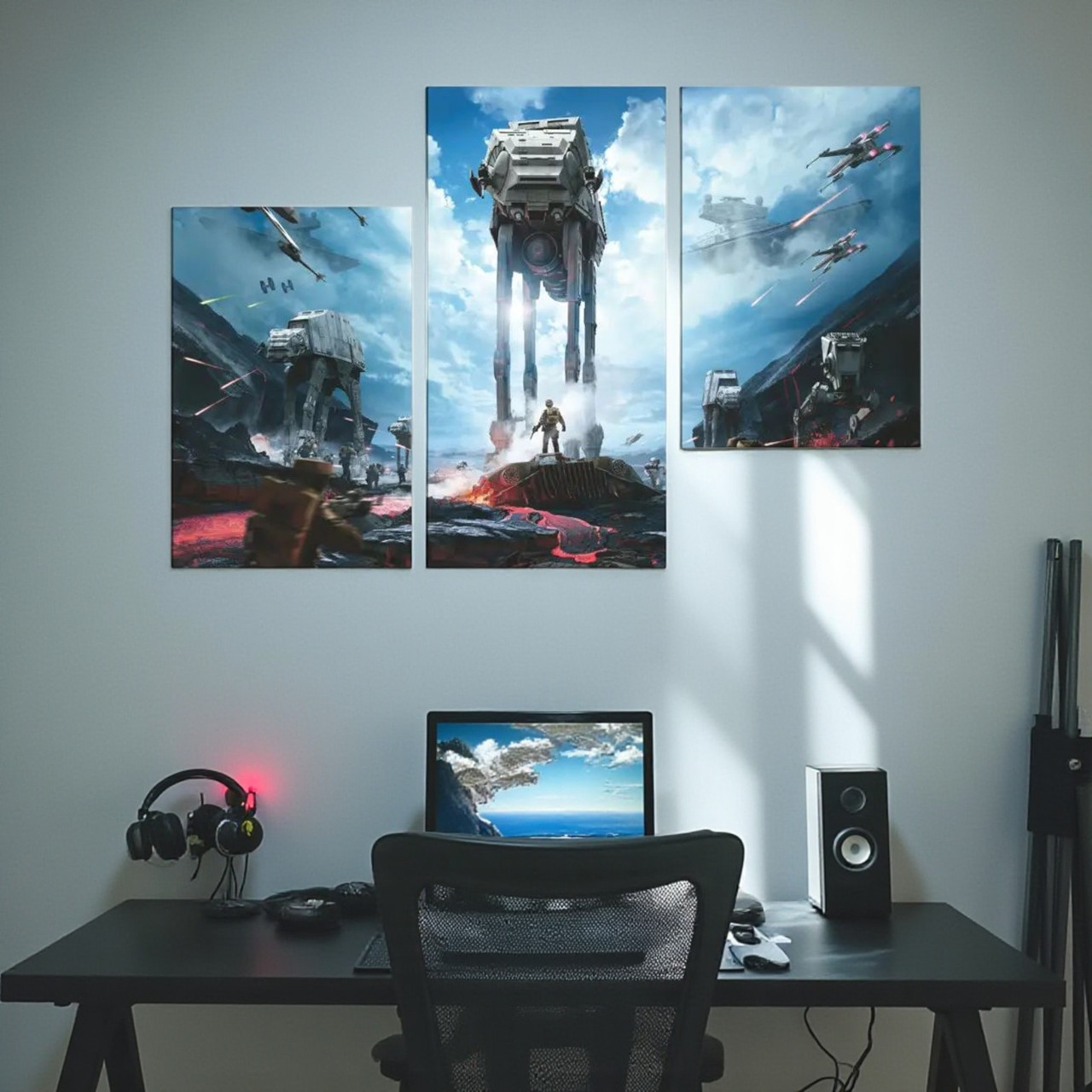 Модульна картина Star Wars – Битва з AT-AT Фантастичний арт Зоряні війни Друк на полотні для фаната 90х60 із 3 частин, фото 1