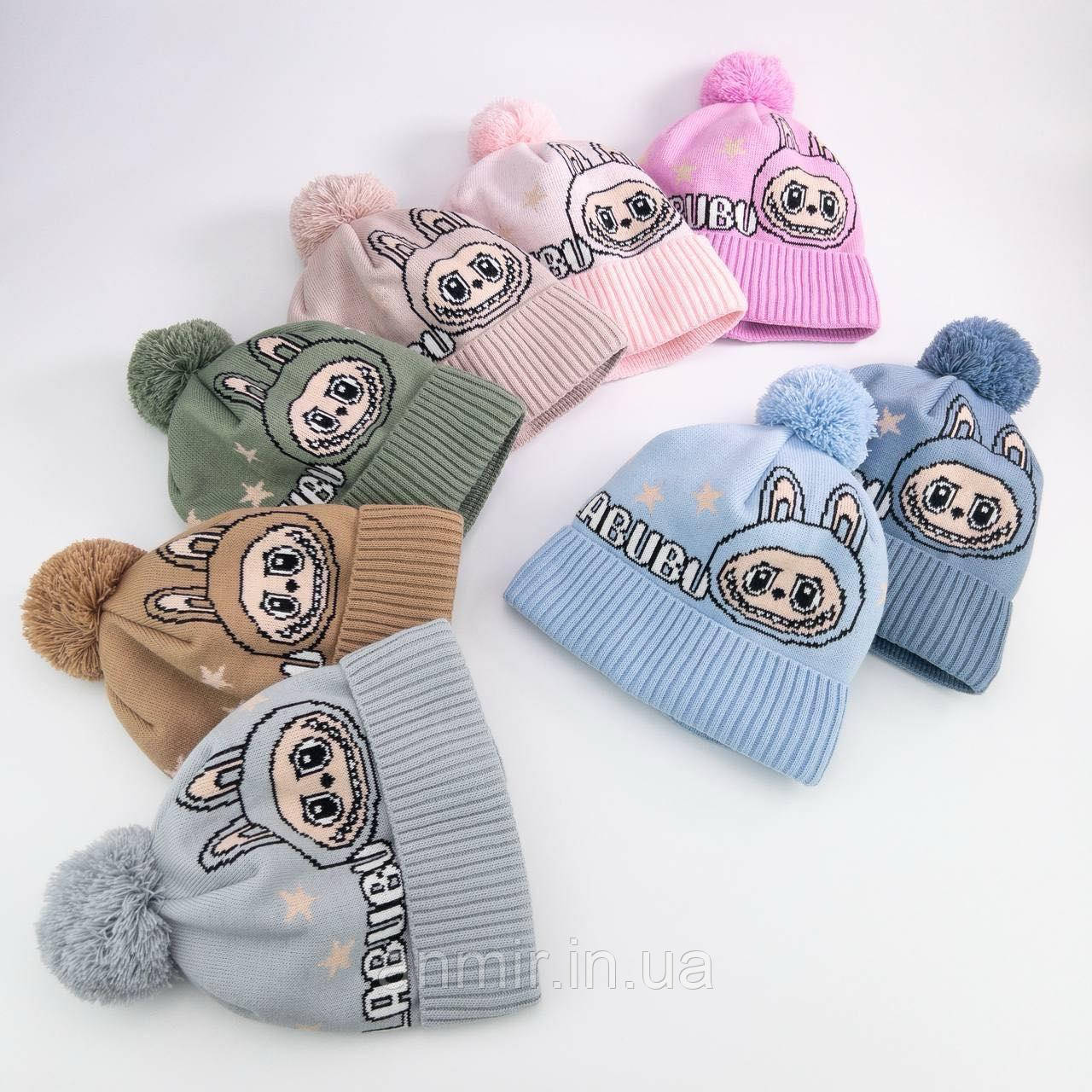 Шапка дитяча зимова LABUBU вовна акрил на флісі 52-54, кольору мікс