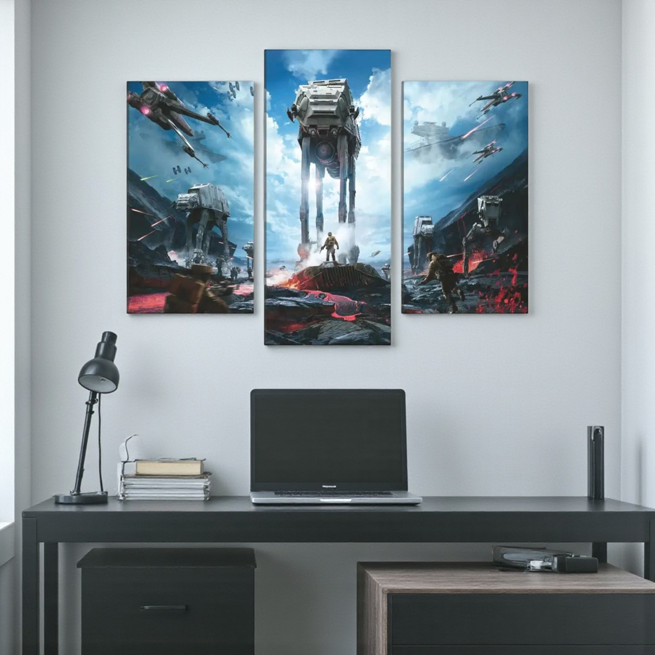 Модульна картина «Star Wars – Битва з AT-AT» Зоряні війни Подарунок для фаната 90х70 із 3х частин, фото 1