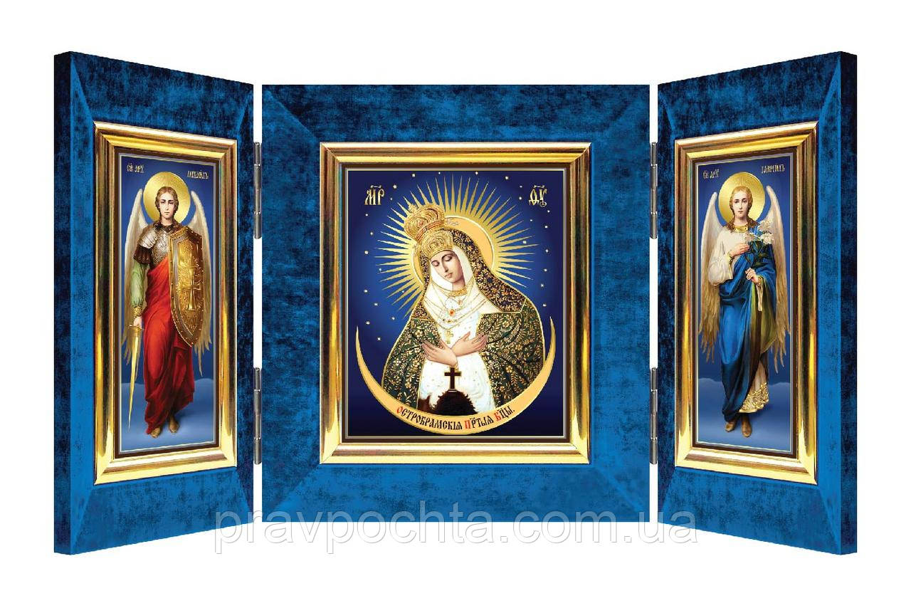 Остробрамська ікона Пресвятої Богородиці. Ікона триптих у оксамиті, на дереві обтягнутому оксамитовою тканиною, фото 1