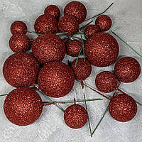 Набір пінопластових кульок з блискітками на дроті, червоний, арт 019201, упаковка 20 шт, Червоний