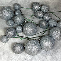 Набір пінопластових кульок з блискітками на дроті, срібло, арт 019202, упаковка 20 шт, Сріблястий
