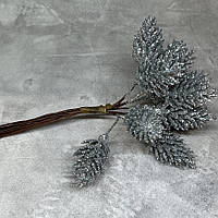 Декоративні міні-шишки у блискітках на проволоці 12 см, срібло, арт 019204, у пучку 12 шт, Сріблястий