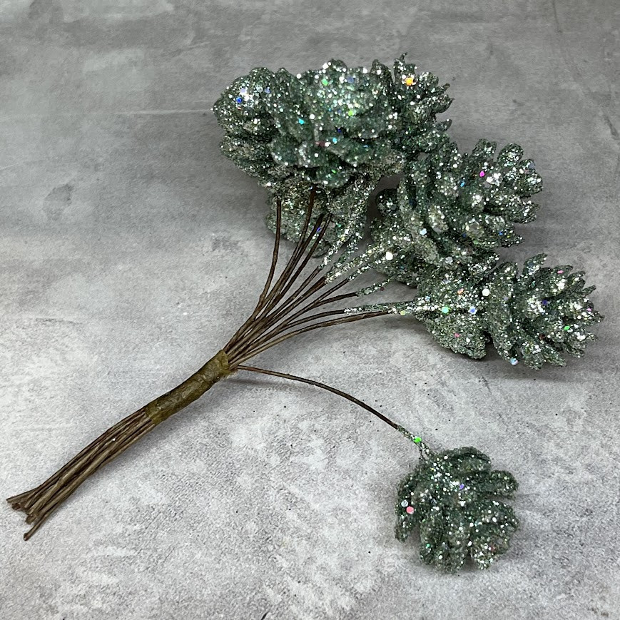 Декоративні міні-шишки у блискітках на проволоці 12 см, світло-зелений, арт 019205, у пучку 12 шт, Світло-зелений, фото 1