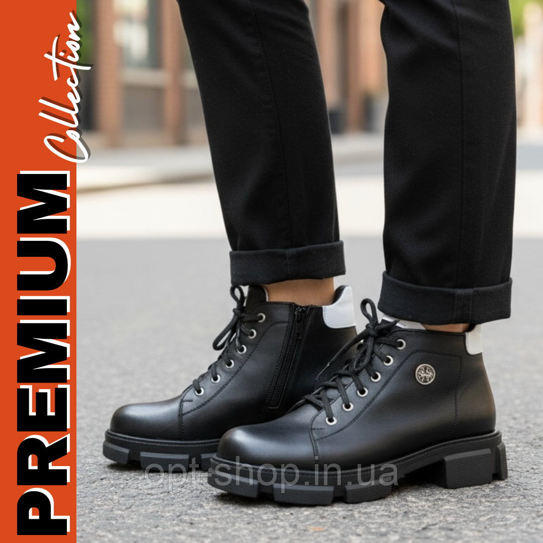 Чоботи зимові шкіряні на шнурку тракторній підошві протекторі чорні 38 розмір, фото 1