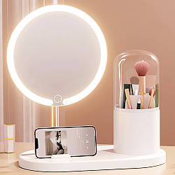Настільне дзеркало з підсвіткою + підставка для пензлів, від USB, Біле / Косметичне дзеркало для макіяжу / Кругле дзеркало