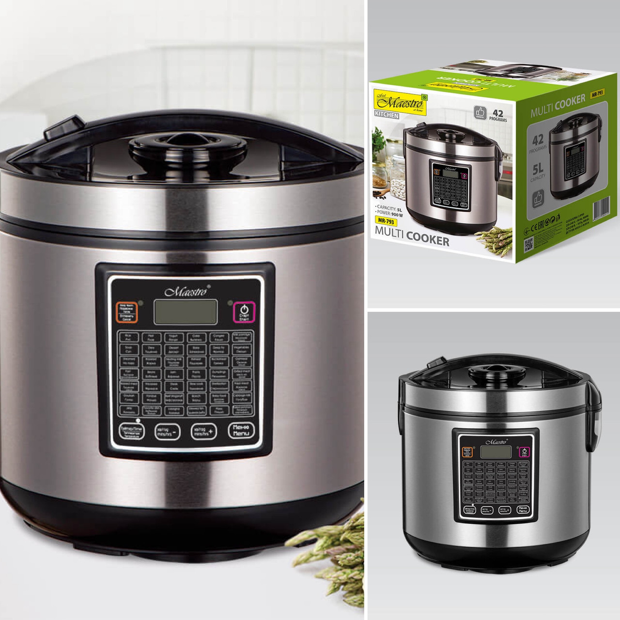 Мультиварка Maestro MR-793, 5 л, 900 Вт, 42 програми, сенсорне управління, LCD дисплей, корпус із нержавіючої сталі, фото 1