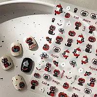 Наклейки для нігтів "Чорний кіт і червоне яблуко кавайні глянцеві наліпки для манікюру