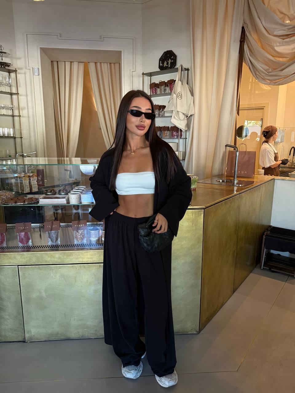 Комплект жіночий осінній кардиган і палаццо з поясом, кашеміровий розмір 42-46 Модель 1526-2379 Колір: чорний, фото 1