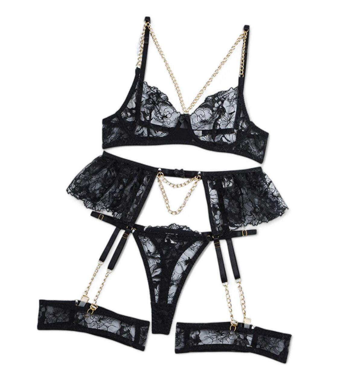 Жіночий комплект Liberta набір спідньої білизни мереживом з тонкими бретелями ланцюжком та оборками на поясі чорний S, фото 1