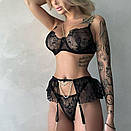 Жіночий комплект Liberta набір спідньої білизни мереживом з тонкими бретелями ланцюжком та оборками на поясі чорний S, фото 6