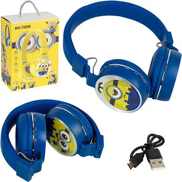 Навушники «Міньйони» з LED-підсвічуванням бездротові накладні великі блютуз з мікрофоном FM/TF для музики, ПК і дзвінків, сині