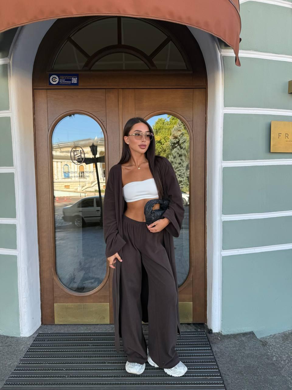 Комплект жіночий осінній кардиган і палаццо з поясом, кашеміровий, розмір 42-46 Модель 1526-2379 Колір: шоколад, фото 1