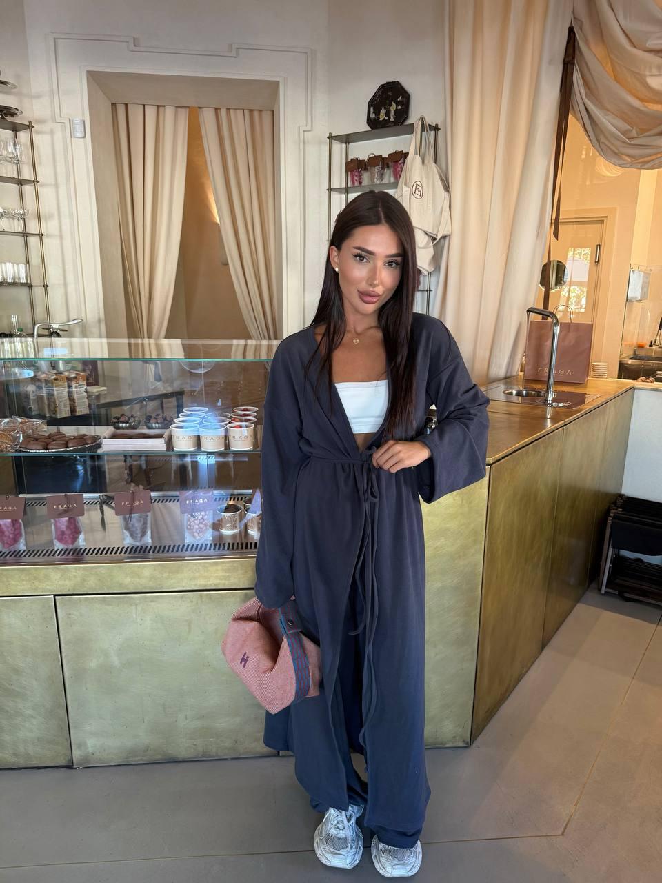 Комплект жіночий осінній кардиган і палаццо з поясом, кашеміровий, розмір 42-46 Модель 1526-2379 Колір: графіт, фото 1