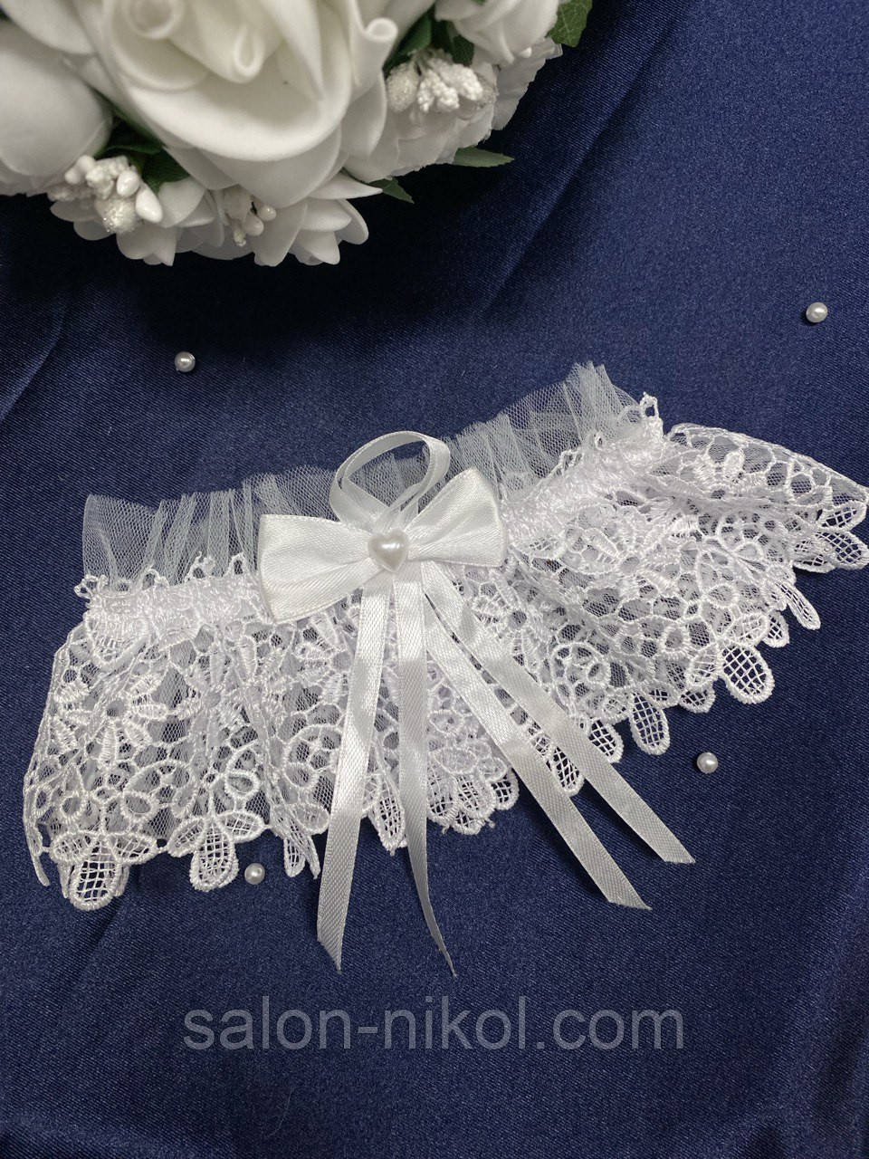 Весільна підв'язка для нареченої мереживна біла, фото 1