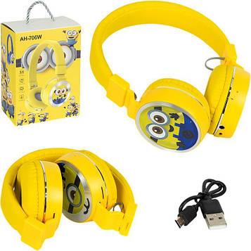 Навушники «Міньйони» з LED-підсвічуванням бездротові накладні великі блютуз з мікрофоном FM/TF для музики, ПК і дзвінків, жовті