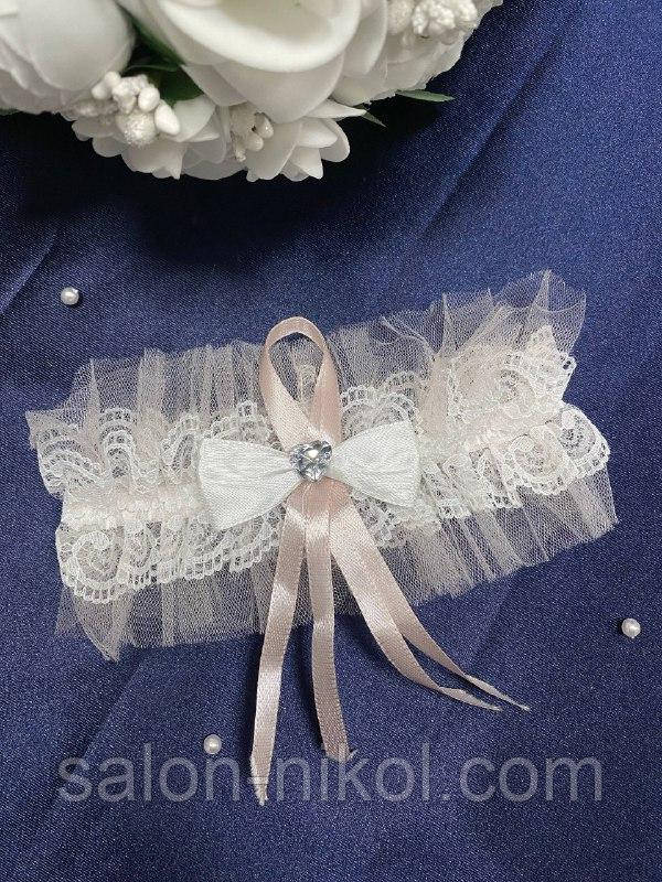 Весільна підв'язка для нареченої мереживна пудра, фото 1