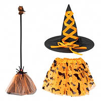 Карнавальний костюм "Чаклунка" на Хелловін: капелюх, спідниця та мітла, Китай помаранчевий