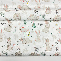 Фланель "Кролики і квіточки" на білому, ширина 240 см № Ф-TH-3553
