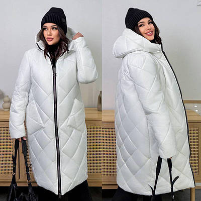 Зимове жіноче пальто батал стьобане з капюшоном на блискавці