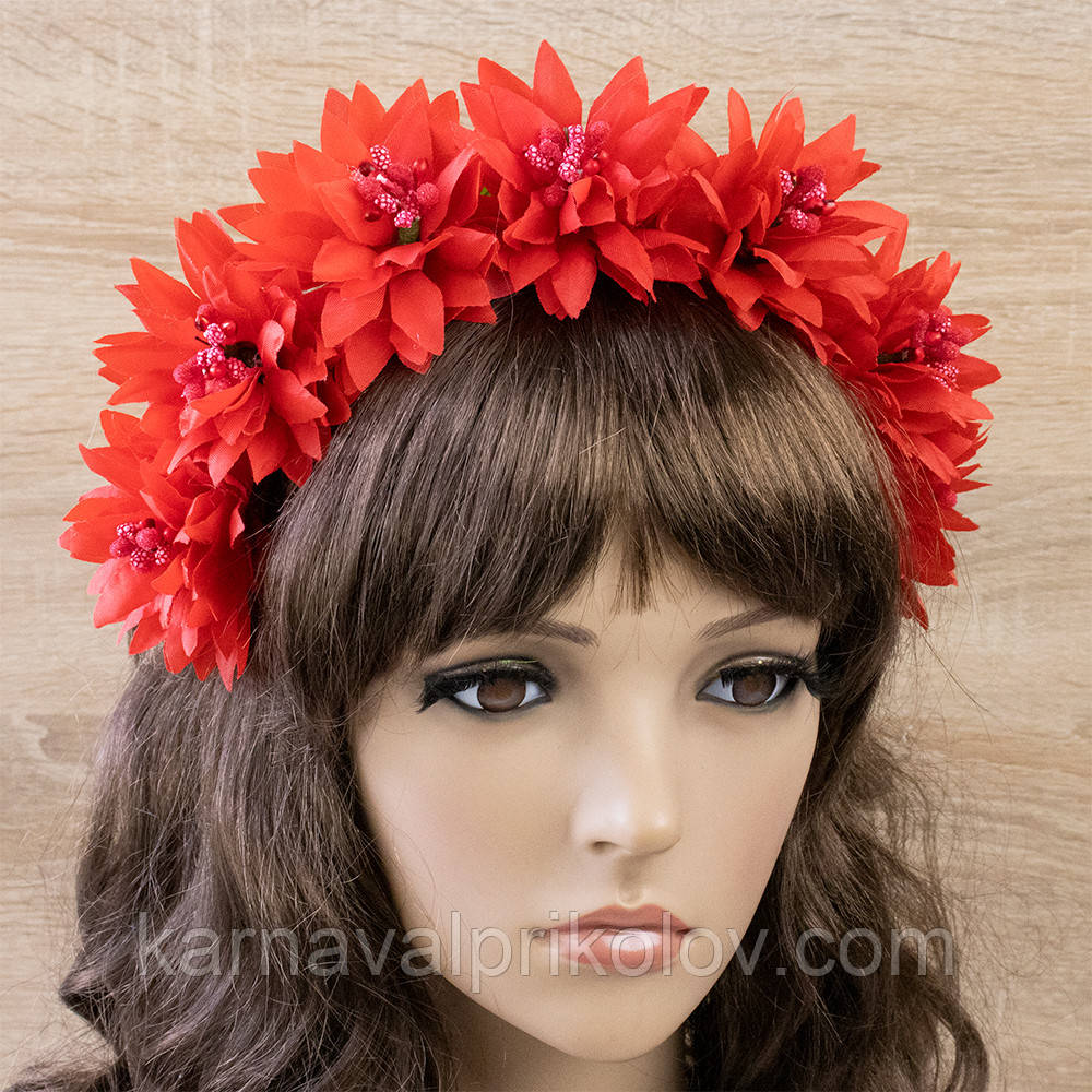 Український віночок квітковий на обідку Полтавська Краля 13690 (червоний)