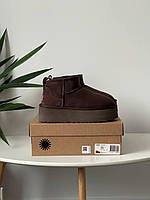 Зимові шоколадні жіночі замшевіUGG Ultra Mini Platform Chocolate на хутрі водонепроникні черевики УГГ на платформі