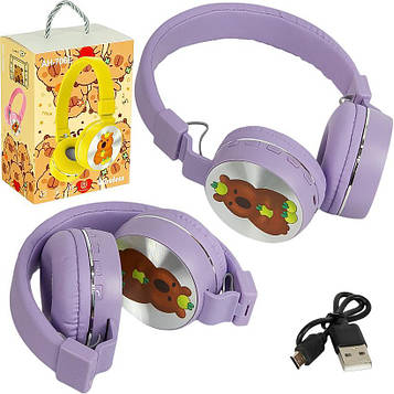 Навушники «Капібара» з LED-підсвічуванням бездротові накладні великі блютуз з мікрофоном FM/TF для музики, ПК і дзвінків, фіолетов