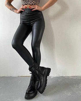 Жіночі шкіряні лосини на флісі S, M, L, XL, XXL чорний