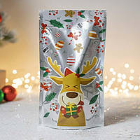Фольгований пакет із новорічним малюнком для цукерок 20х35 №27 "Олень" 100 шт/уп. новорічна упаковка