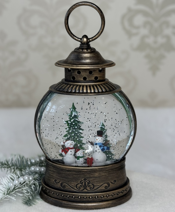 🌟Новорічний круглий музичний ліхтарик з автопіддувом "Сніговики у лісі" від USB або батарейок, колір Бронза, фото 1