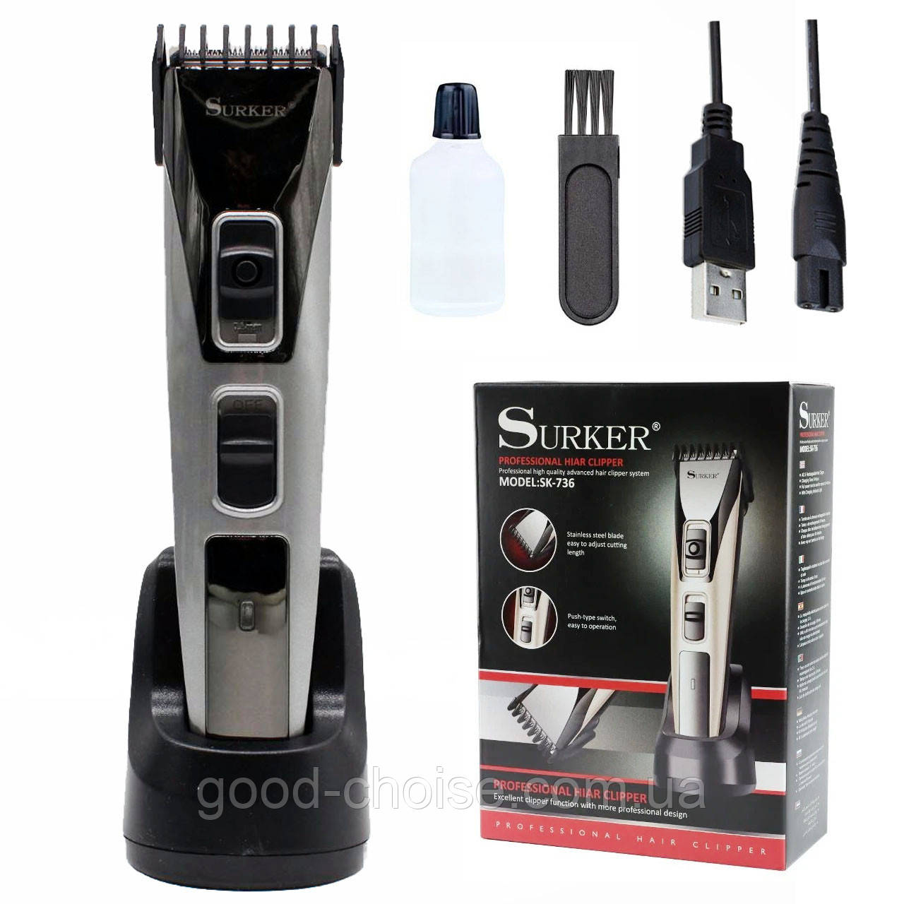 SURKER SK-736: машинка для стрижки з акумулятором + насадка / Бездротовий триммер для бороди / Тример чоловічий для стрижки, фото 1
