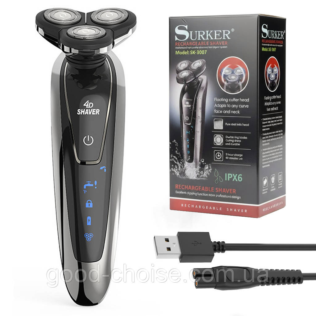 SURKER SK-3007: бездротова чоловіча електробритва з USB / Акумуляторна роторна бритва / Електрична бритва, фото 1