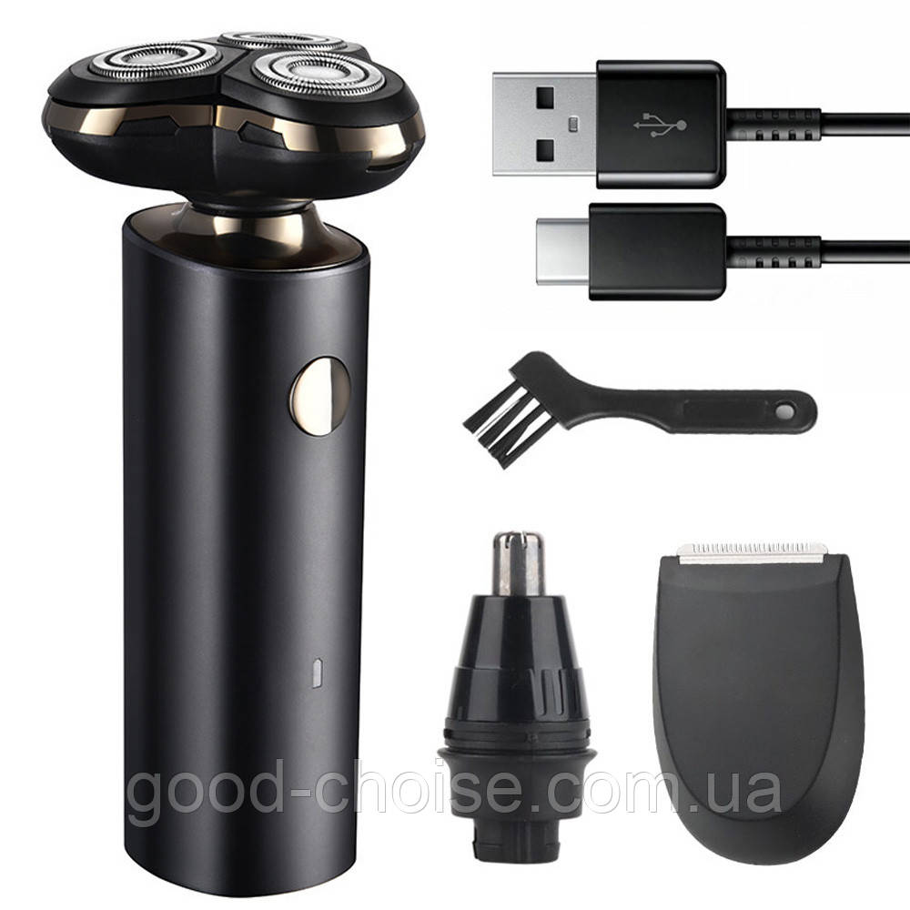 Електробритва SURKER SK-3002 акумуляторна, USB + 3 насадки / Чоловічий триммер для гоління / Роторна бритва, фото 1