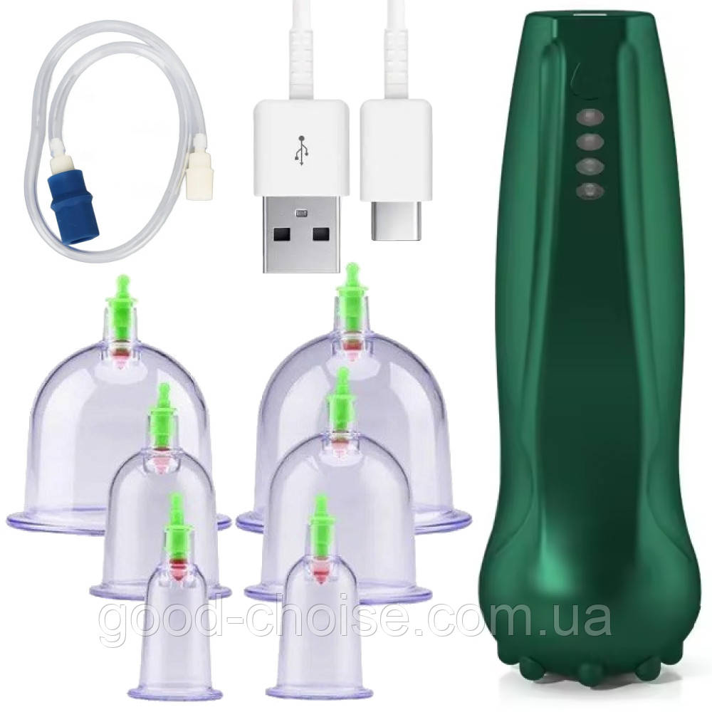 Вакуумний масажер для лімфодренажу, комплект 6 банок / Банерний акумуляторний масажер, фото 1